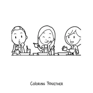 Coloring page of girl friends eating together