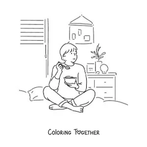Coloring page of a boy eating while sitting on his bed