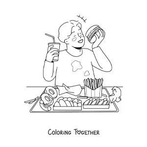 Coloring page of a boy eating junk food