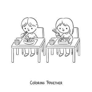 Coloring page of two kids eating lunch at school
