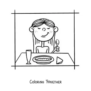 Coloring page of a girl having breakfast