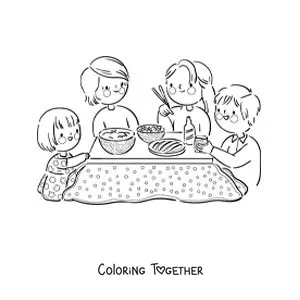 Coloring page of a family eating lunch together at the table