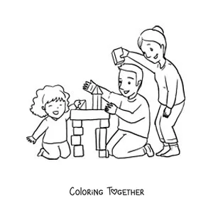 Coloring page of a girl playing with her parents