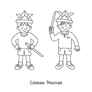 Coloring page of two friends playing superheroes