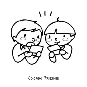 Coloring page of two kids playing video games