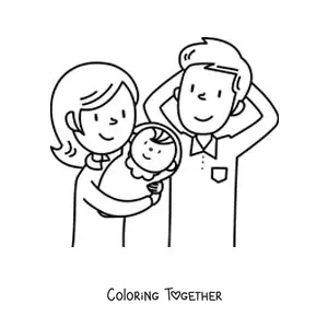 Coloring page of a nuclear family with a baby
