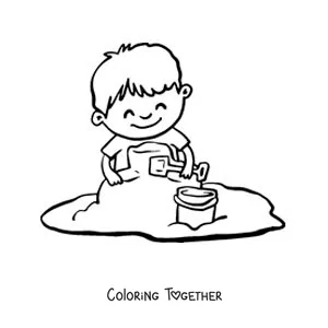 Coloring page of a boy playing in the sand