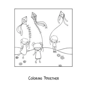 Coloring page of children flying kites in the park