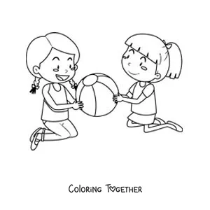 Coloring page of two girls playing with a ball