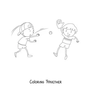 Coloring page of two kids playing baseball