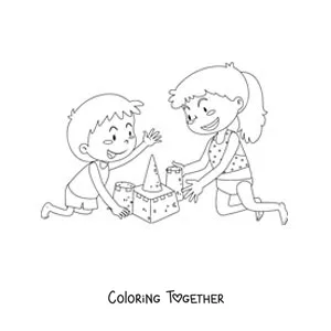 Coloring page of a girl and a boy playing on the beach