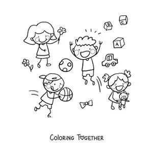 Coloring page of children with toys in the park