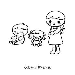 Coloring page of two kids playing in kindergarten with the teacher