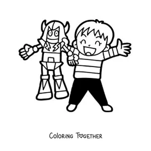 Coloring page of a boy playing with his toy robot