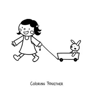 Coloring page of a girl playing with her plush rabbit