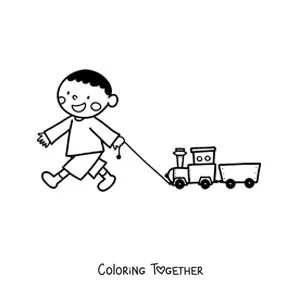 Coloring page of a boy playing with his toy train