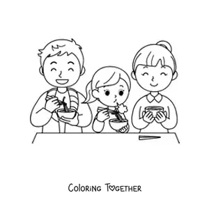 Coloring page of a nuclear family having noodles for dinner