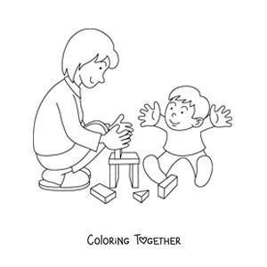 Coloring page of a mother playing with her little son