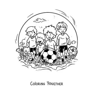 Coloring page of a group of kids playing soccer