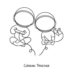 Coloring page of two animated astronauts playing video games