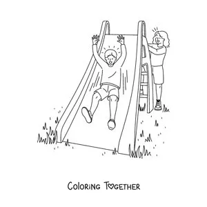 Coloring page of two kids playing on a slide