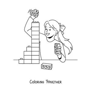 Coloring page of a girl playing with toy blocks