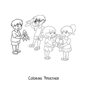 Coloring page of boys and girls playing with toys at school