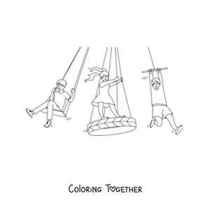 Coloring page of children playing on the swings at the park