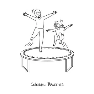 Coloring page of children playing on a trampoline