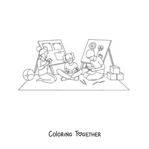 Coloring page of children playing and studying at school