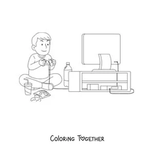 Coloring page of a boy sitting and playing video games in front of the TV