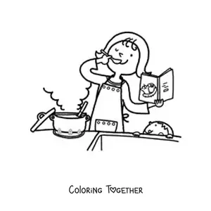 Coloring page of a mother cooking while her son watches