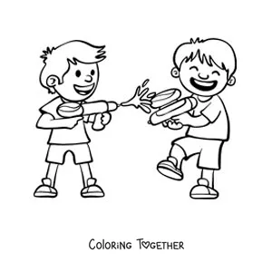 Coloring page of two friends playing with water guns