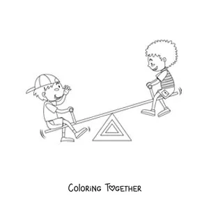 Coloring page of two friends playing on a seesaw