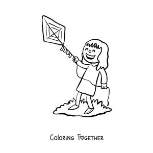 Coloring page of a girl playing with a kite