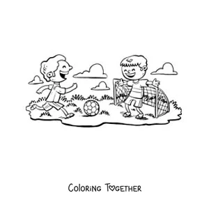 Coloring page of two animated kids playing soccer in the park