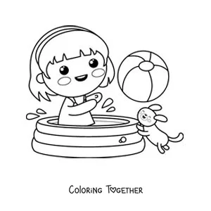 Coloring page of a kawaii girl playing with a ball in the pool