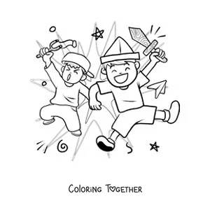 Coloring page of two friends playing with toys