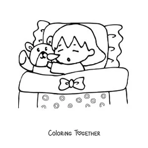 Coloring page of a girl sleeping with her teddy bear in bed
