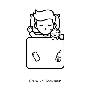 Coloring page of a boy sleeping with his cat