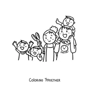 Coloring page of a family with two parents and three children