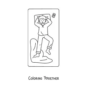 Coloring page of a boy asleep in his bed next to his phone