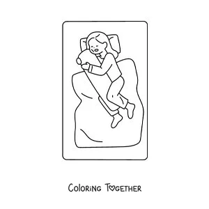 Coloring page of a girl asleep in her bed hugging a pillow