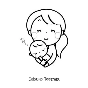 Coloring page of a mother lulling her baby to sleep in her arms