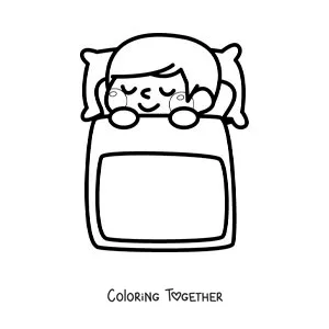 Coloring page of a kawaii girl sleeping in bed