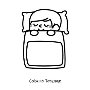 Coloring page of a kawaii boy sleeping in bed