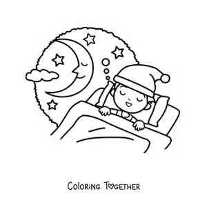 Coloring page of a boy asleep in his bed with the moon in the background