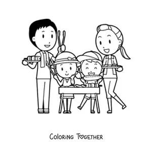 Coloring page of a family having a barbecue