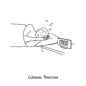 Coloring page of a young boy asleep in his bed with a clock showing 9 o'clock