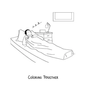 Coloring page of a man asleep in bed dreaming